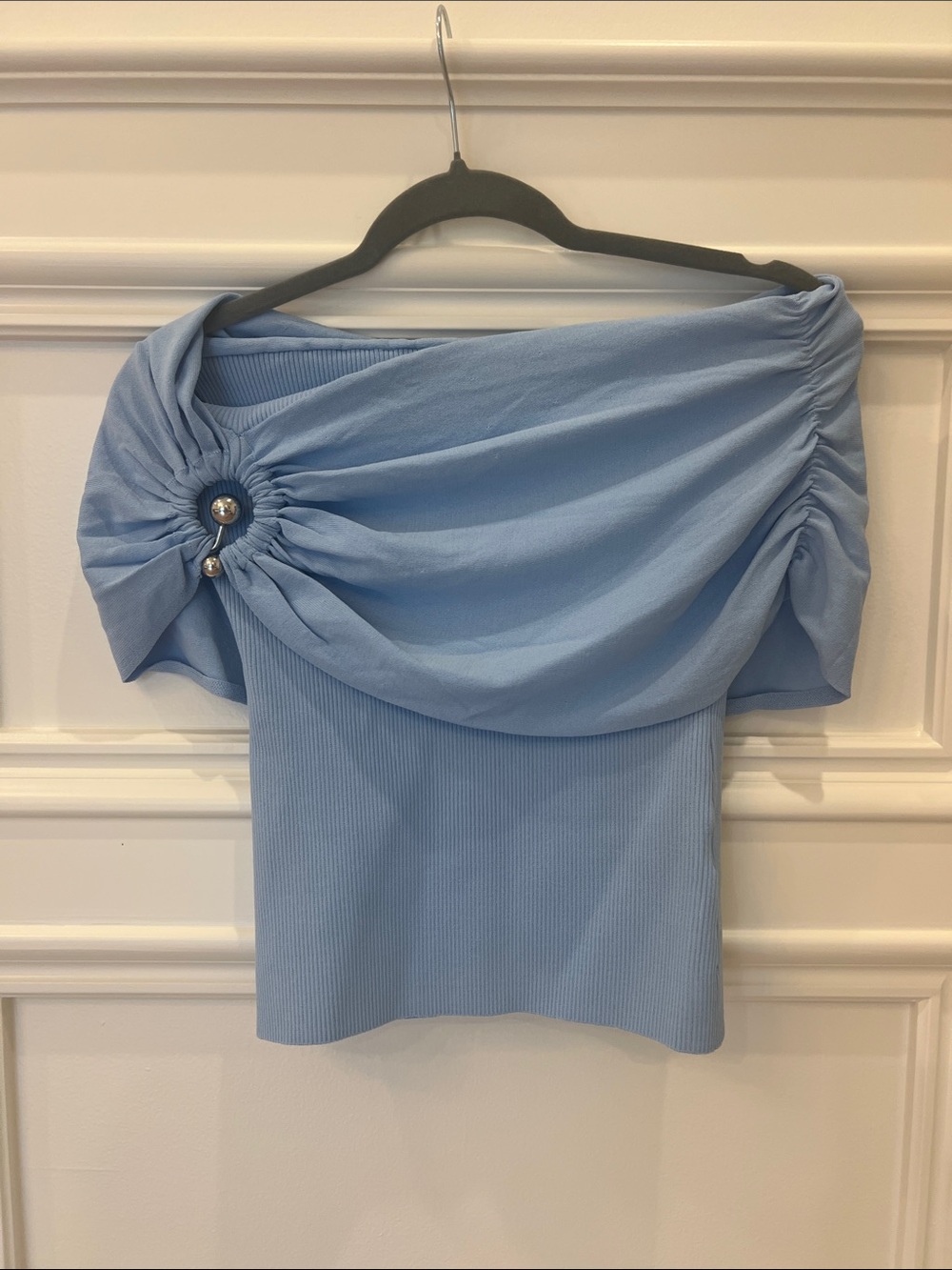 Zara Light Blue Off-Shoulder Draped Crop Top with Ring Detail